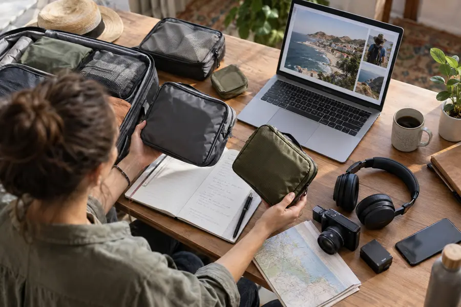 Travel writer reviewing useful travel products and equipment