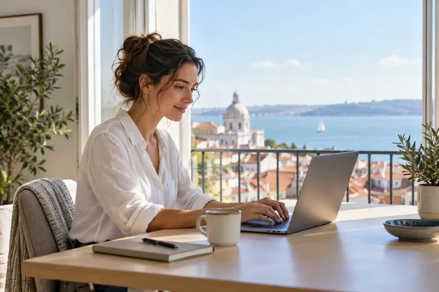 Professional working remotely from a European coastal city