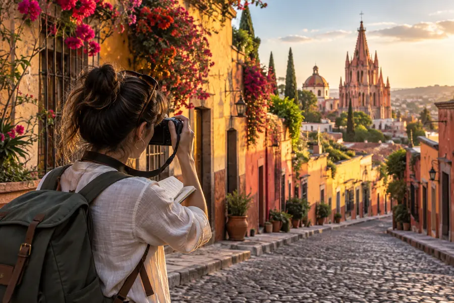 Travel creator photographing a colorful historic destination