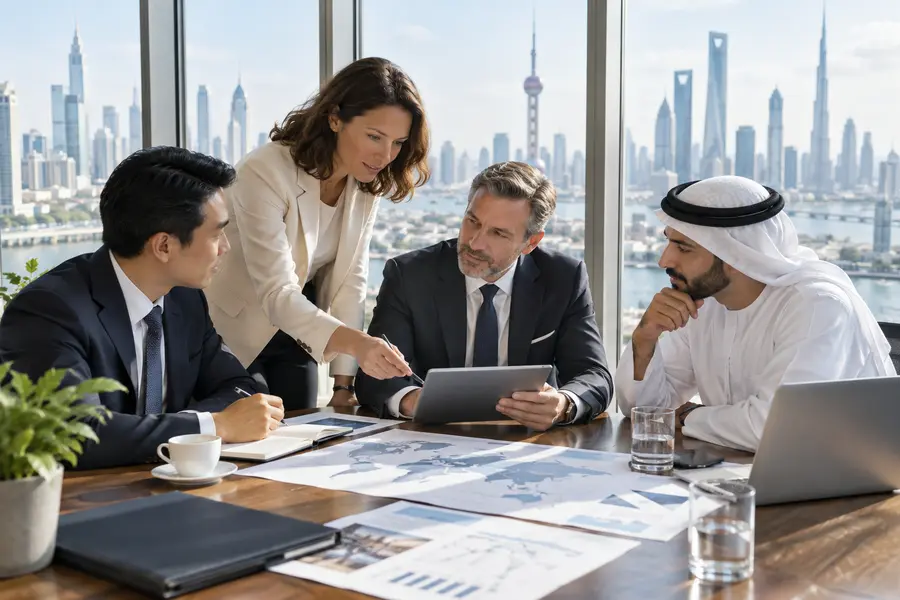 International business partners reviewing an overseas opportunity