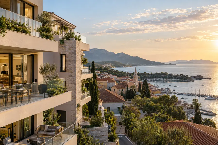 Modern overseas real estate overlooking a Mediterranean coastal town