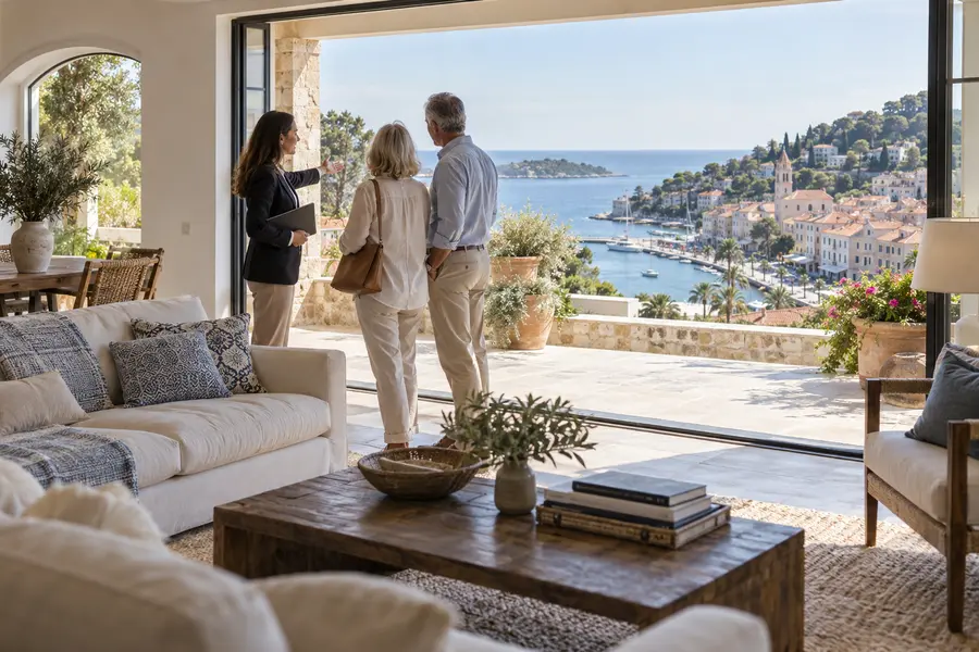 Mature couple viewing an overseas relocation property