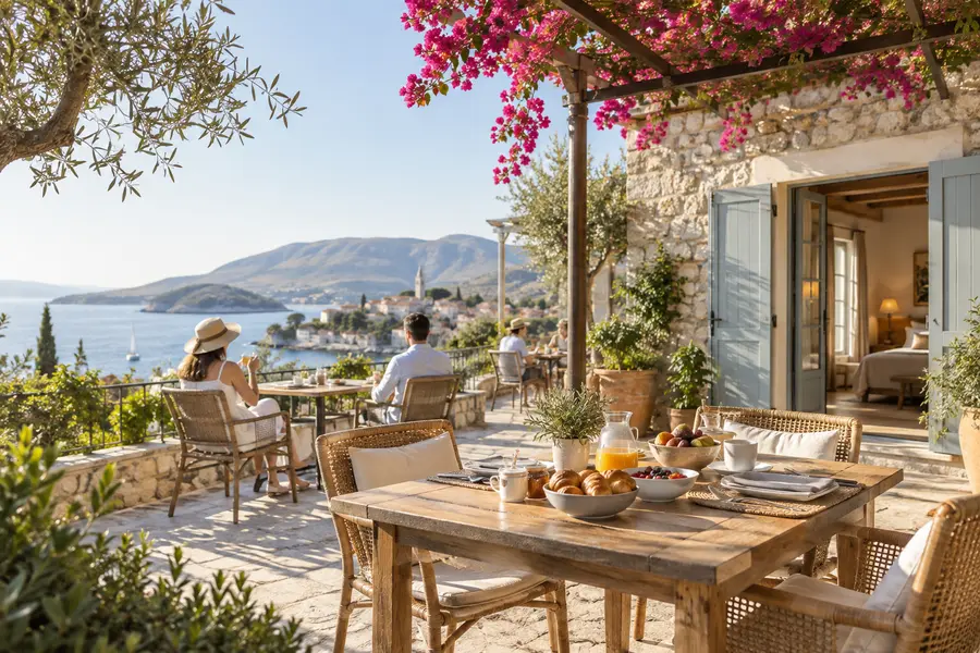 Boutique guesthouse and breakfast terrace in a coastal destination