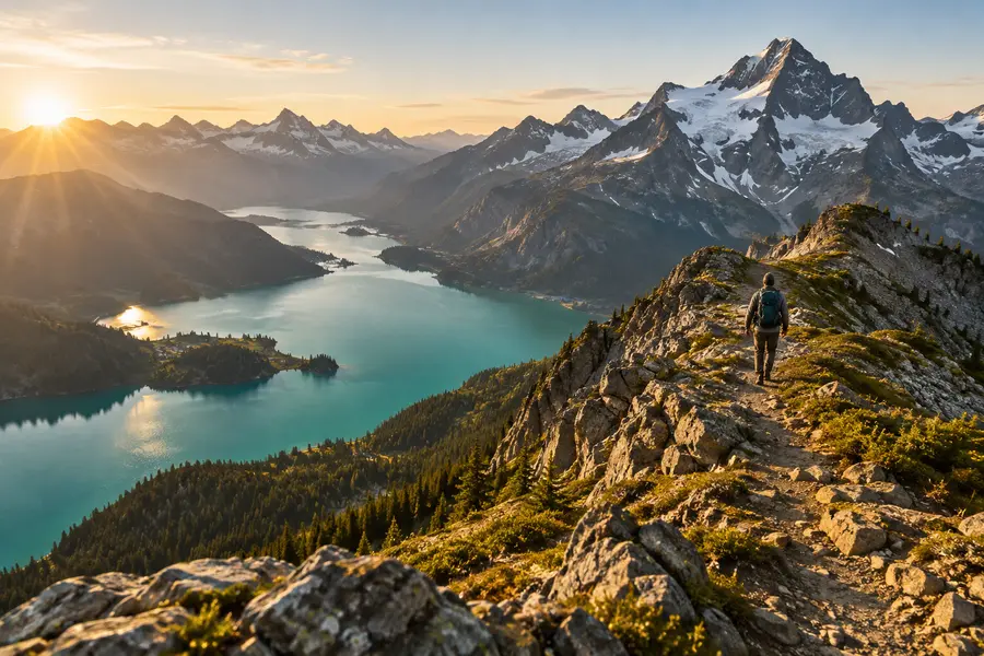 Hiker overlooking an alpine lake and mountain landscape