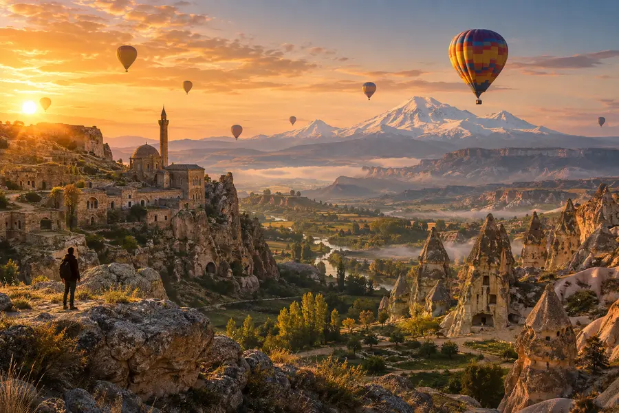 Bucket-list landscape with hot-air balloons and mountains