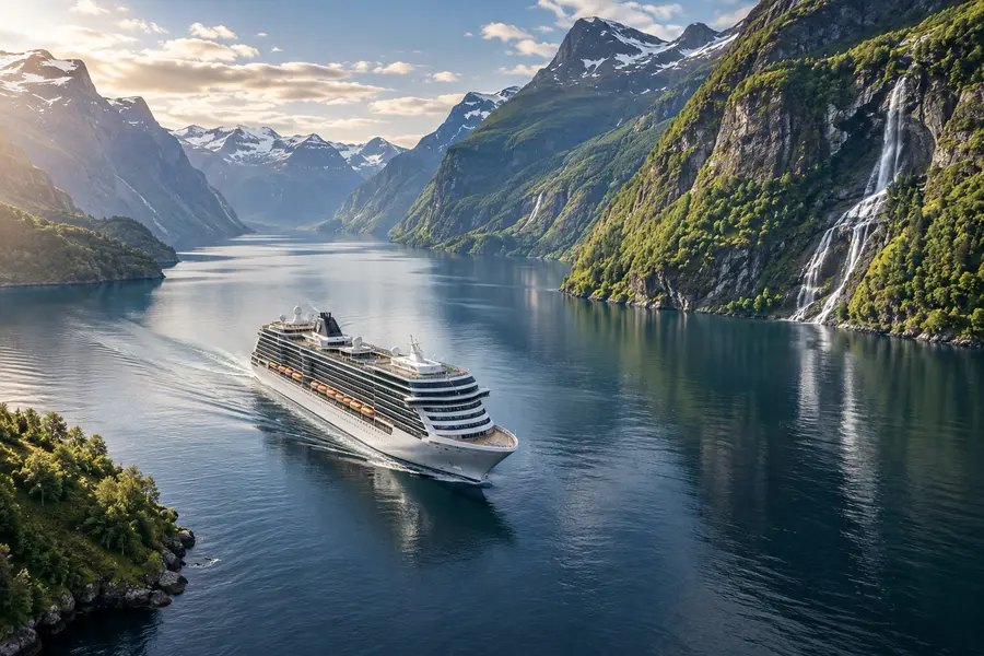 Cruise ship sailing through a Norwegian fjord