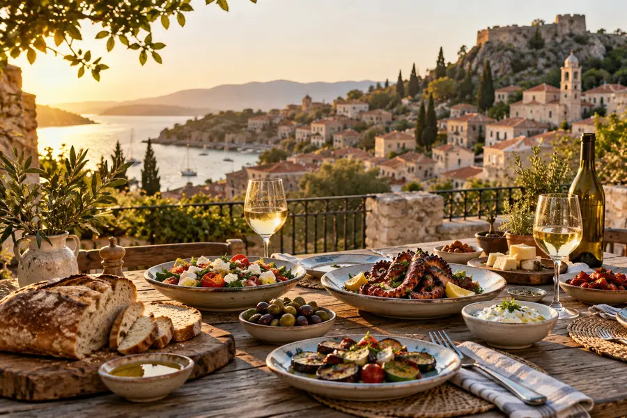 Mediterranean food and wine overlooking a coastal village