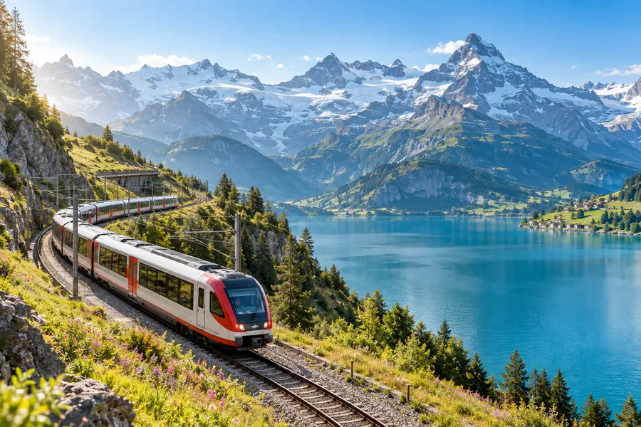Scenic passenger train traveling beside a Swiss alpine lake