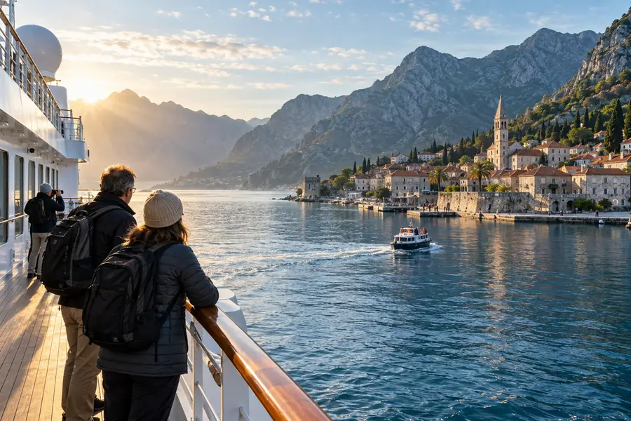 Travelers arriving by cruise ship at a dramatic coastal destination