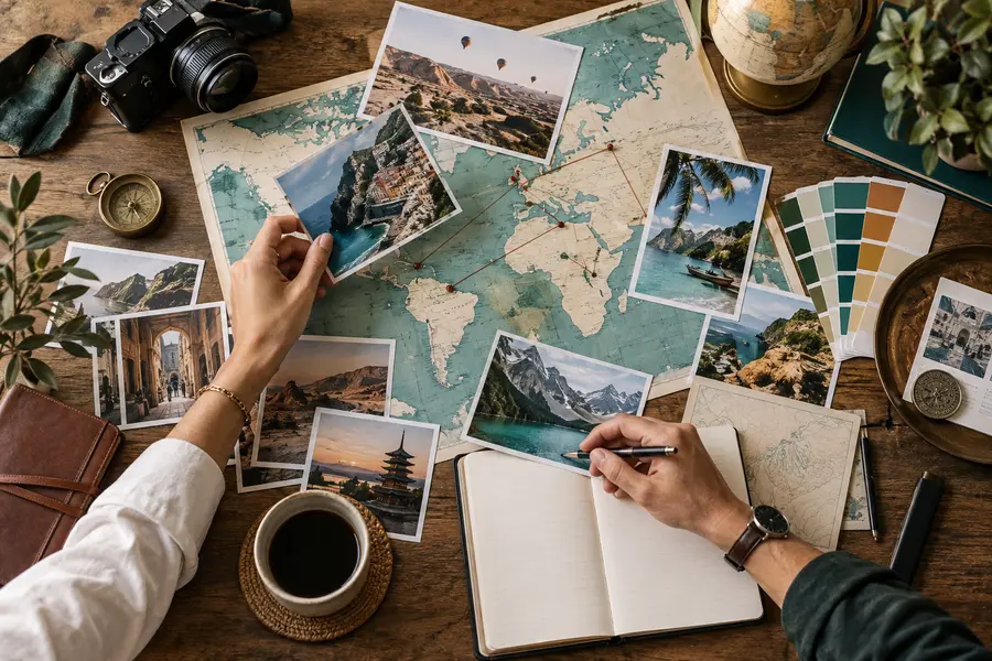 Creative travel campaign planning with maps photographs and notebooks