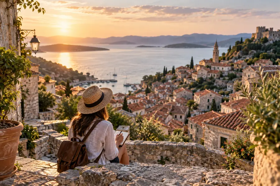 Travel writer creating a destination feature overlooking a Mediterranean town