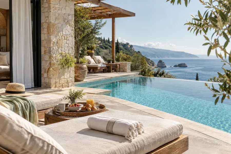 Boutique coastal resort terrace with an infinity pool and sea view