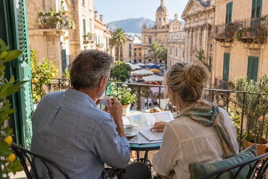 Mature couple planning overseas living from a sunny European balcony