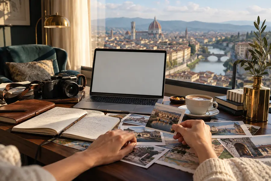 Professional travel storytelling workspace overlooking Florence