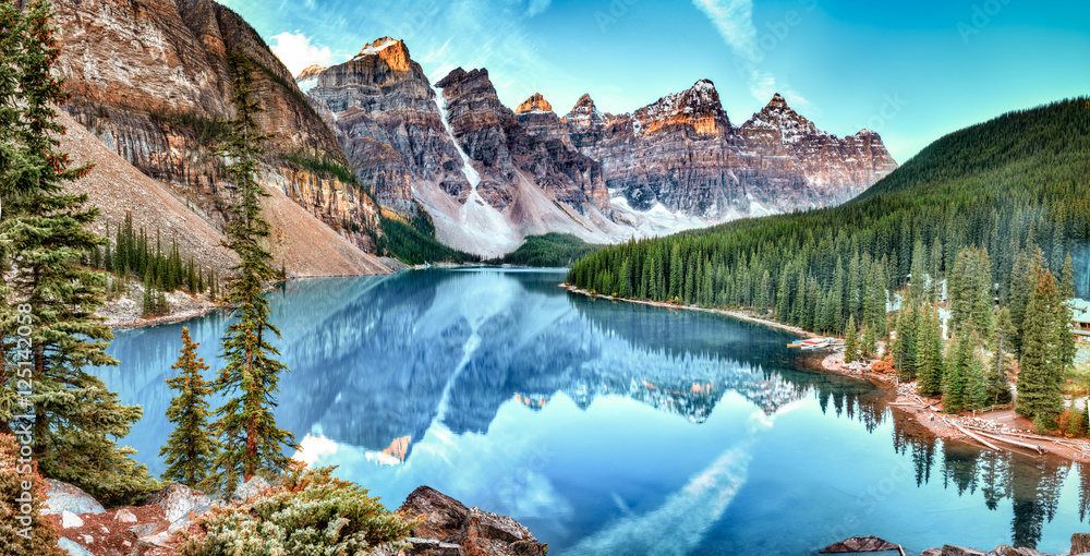 Moraine lake panorama in Banff National Park, Alberta, Canada